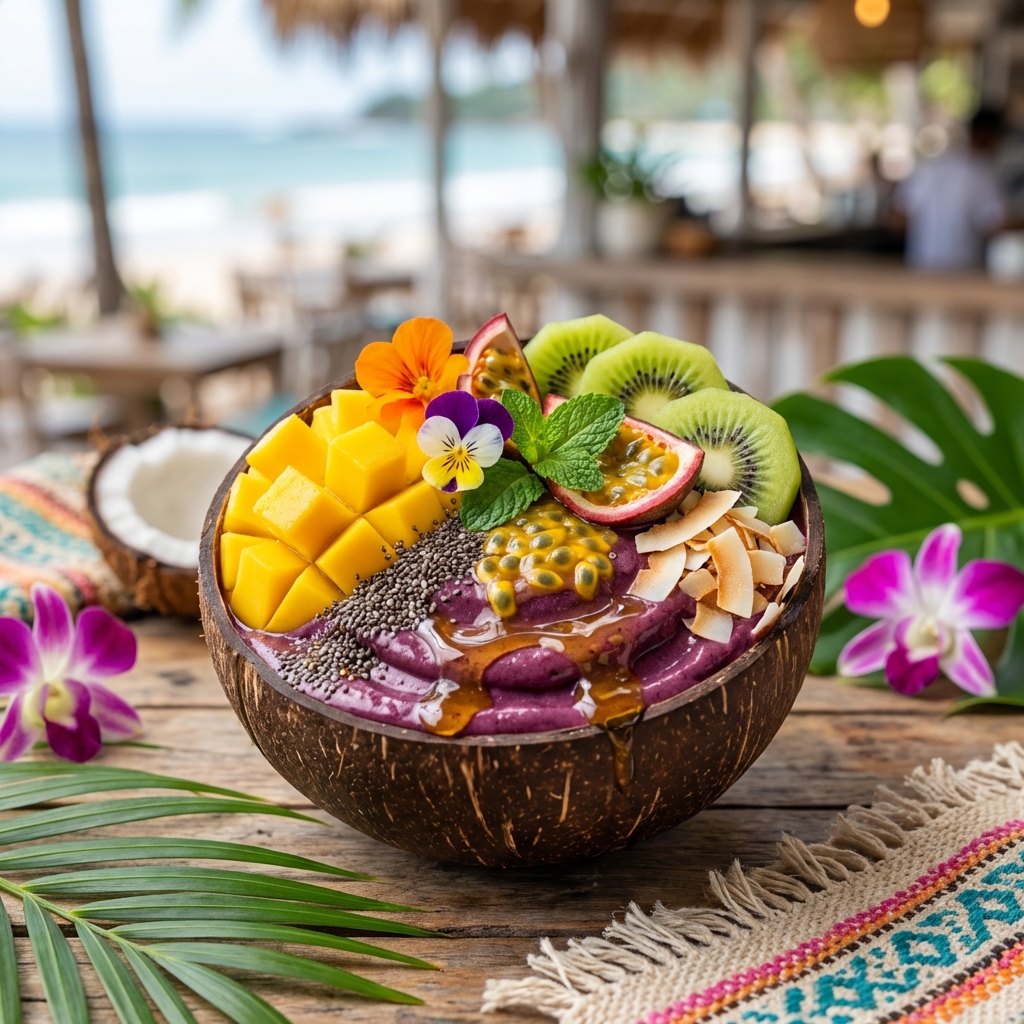 Açaí tropical com manga, kiwi e maracujá